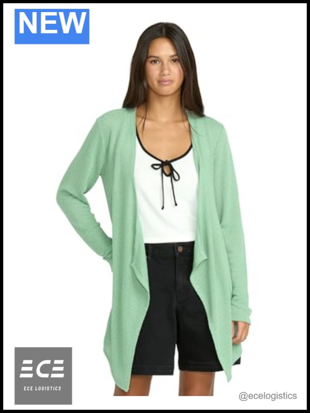 Open Front Waterfall Cardigan Pointelle Knit Fitted Sleeve Relaxed Layer